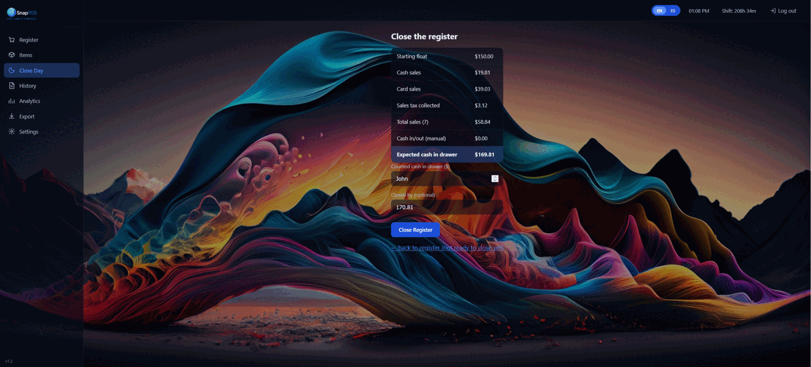 SnapPOS close day screen