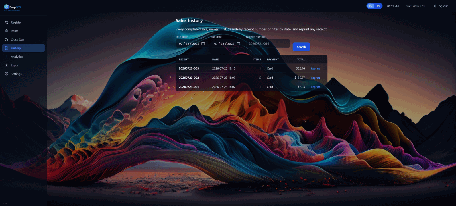 SnapPOS sales history screen