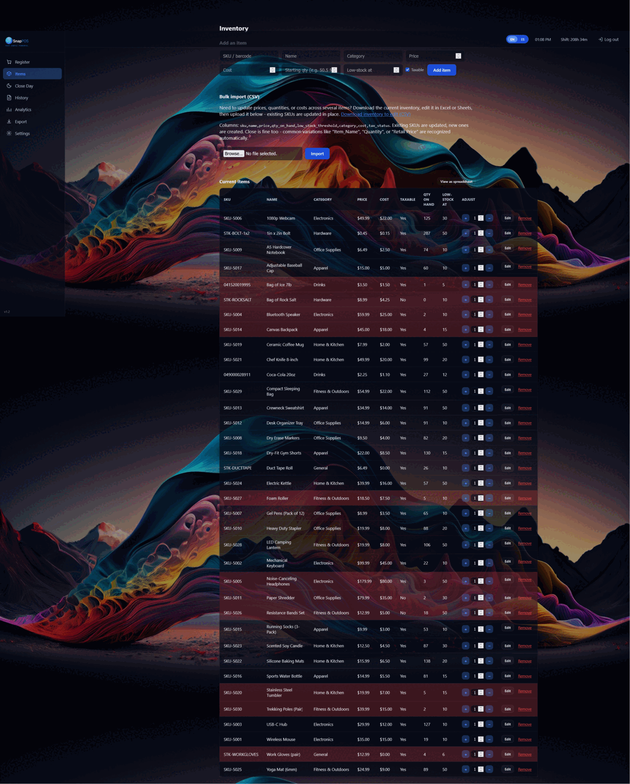 SnapPOS items screen
