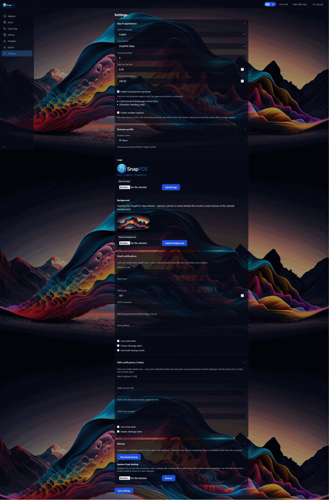 SnapPOS settings screen